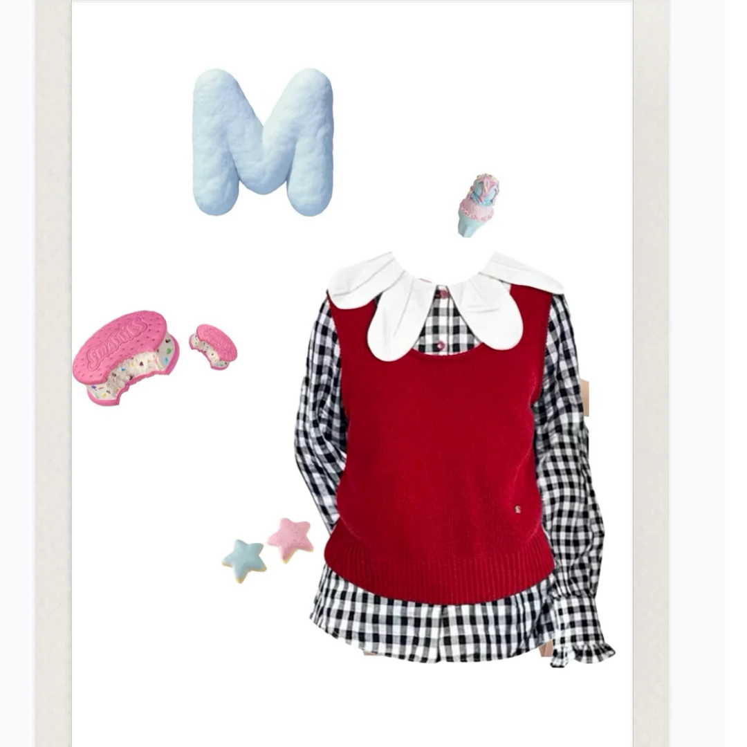 【安-美院新生】艺术花瓣领设计感格子衬衣叠搭针织背心马甲套装