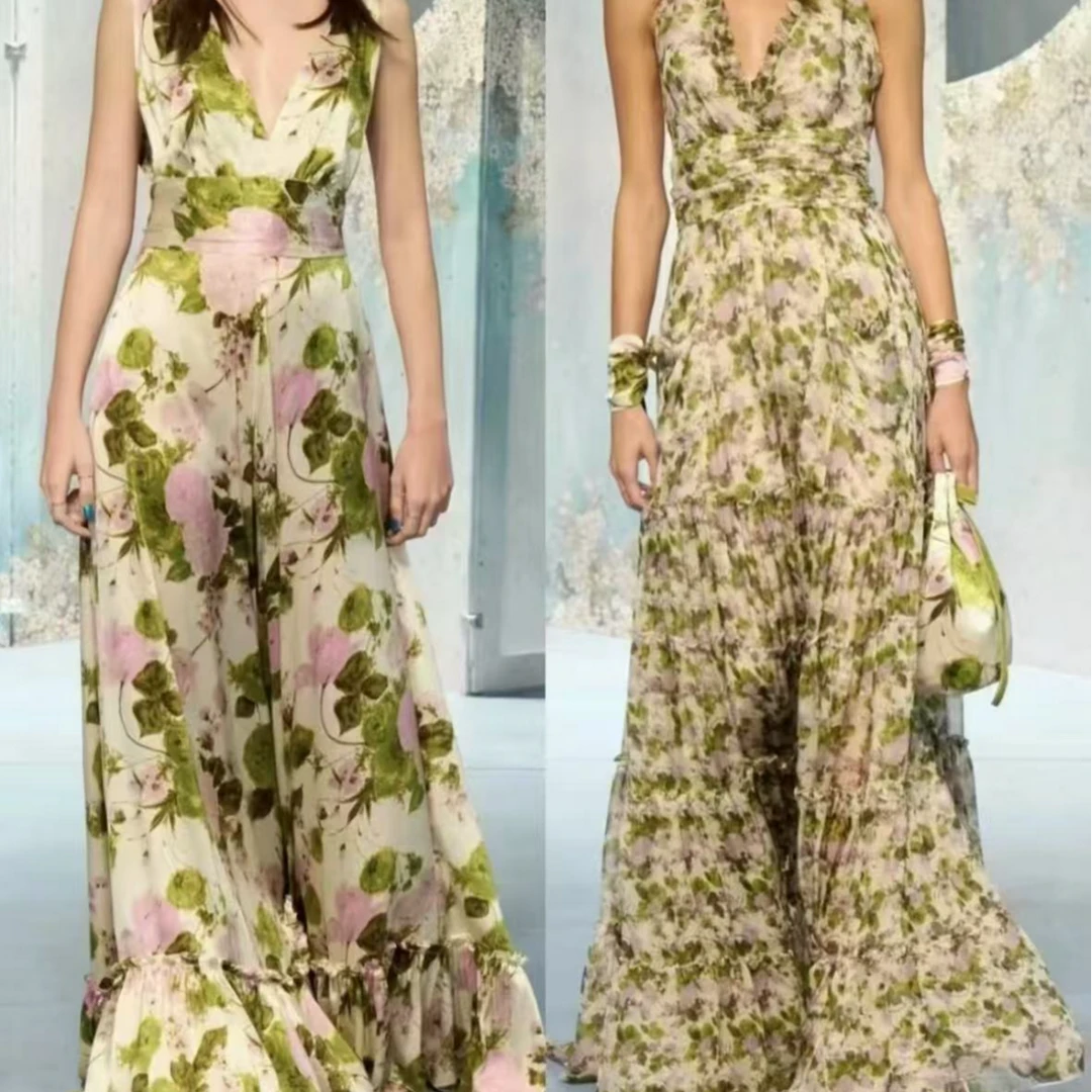 蓝调古着夏季复古法式昭和碎花花柄棉麻连衣裙