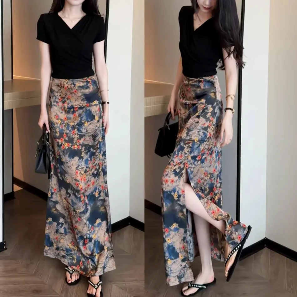 夏装搭配一整套大码胖m黑色短袖t恤碎花半身裙盐系减龄好看套装女