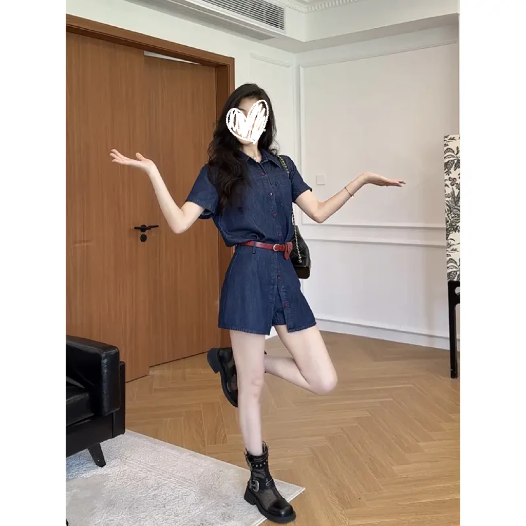 爱国诗设计师套装女2025港风撞色复古衬衫+遮肉裙裤两件套女934#