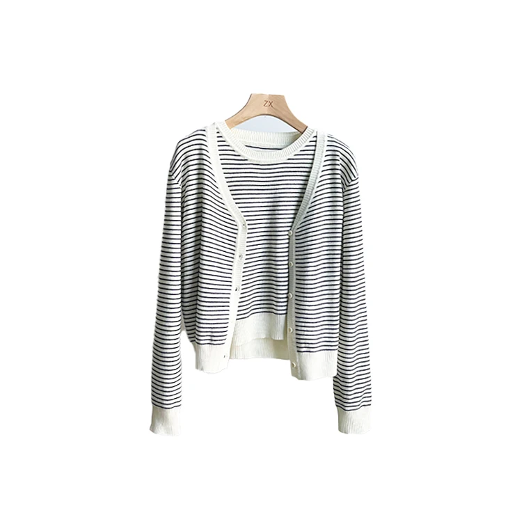 春季两件套条纹开衫女装简约素雅日常通勤百搭小清新上衣显瘦经典