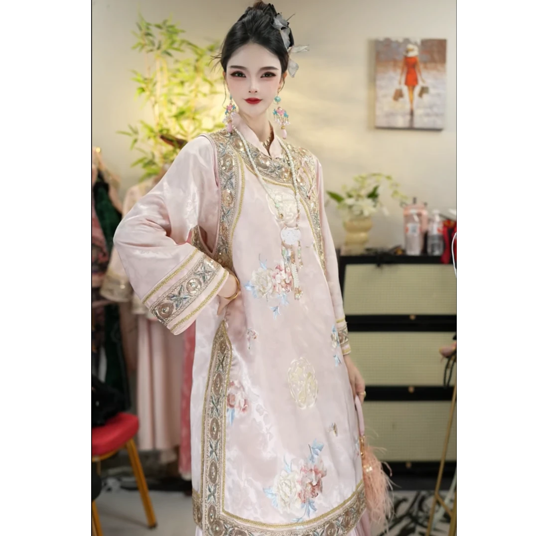 羽唐名2025秋款新款中国风粉色假两件上衣套装（2922+2932）