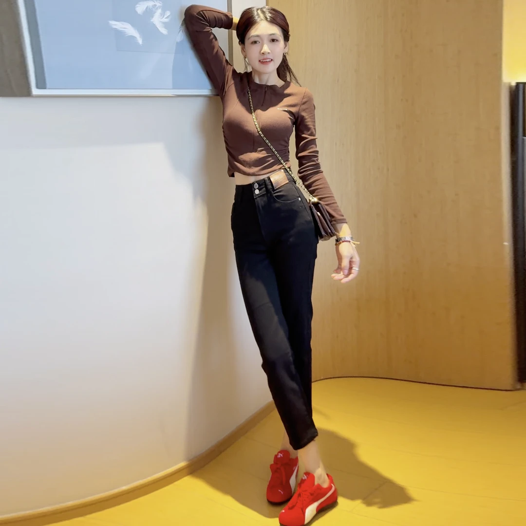 修身长袖t恤女早秋2025上衣外穿半拉链打底衫短款+复古牛仔直筒裤