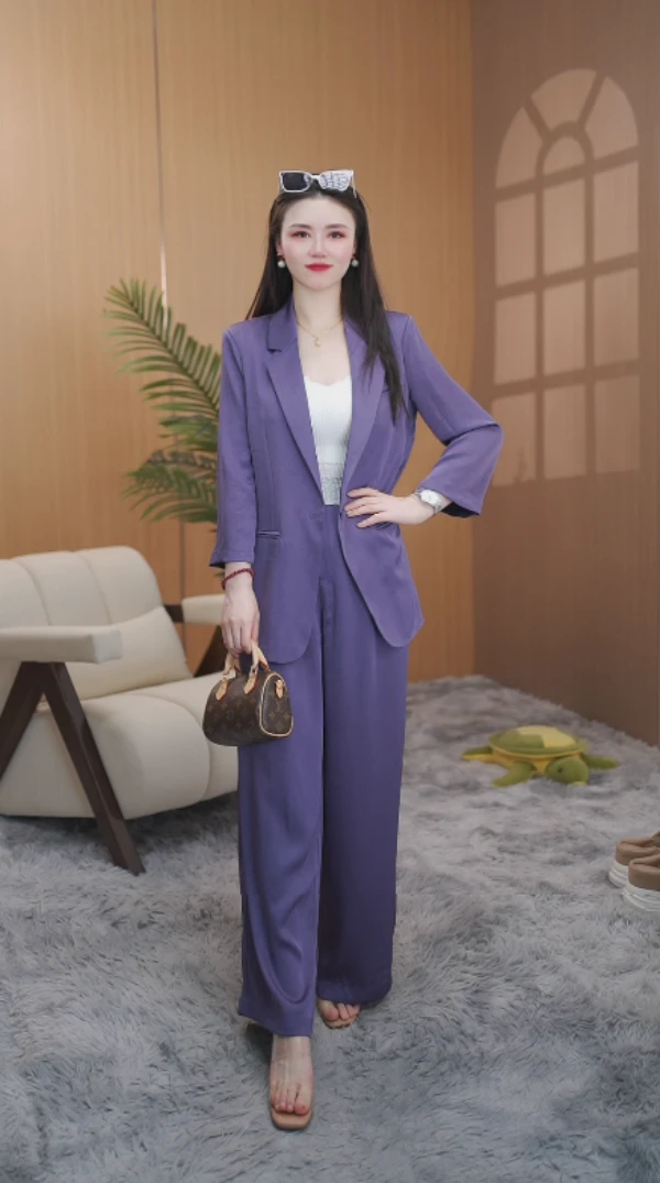 【醋酸面料】夏季新款西装七分袖长裤高级套装时尚女士休闲凉爽HYF