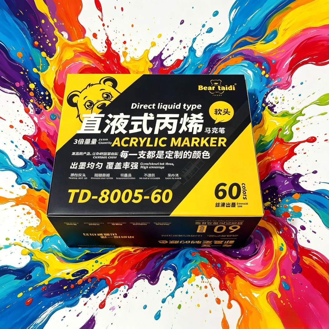泰迪熊60色直液式软头大容量丙烯马克笔不透色可叠色水洗