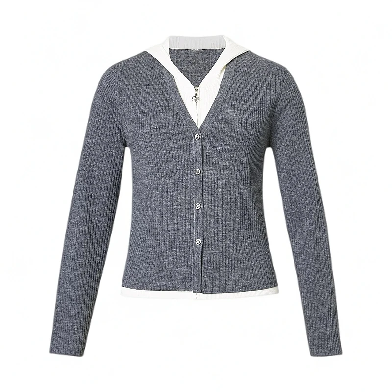 【珂】冬季新款百搭休闲假两件连帽毛衣针织衫-203621