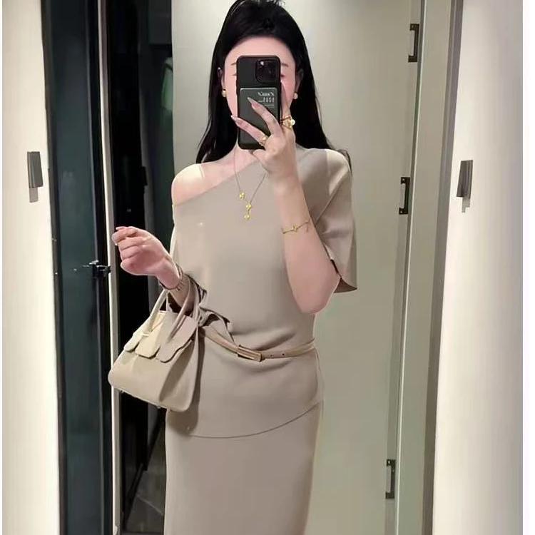 新款韩版高级感斜肩不规则针织上衣+鱼尾半身裙+腰带3件套