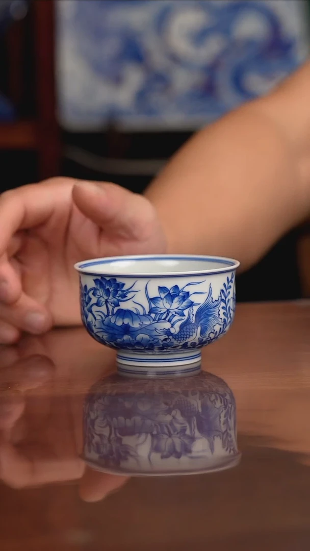 晓月窑青花荷花主人杯