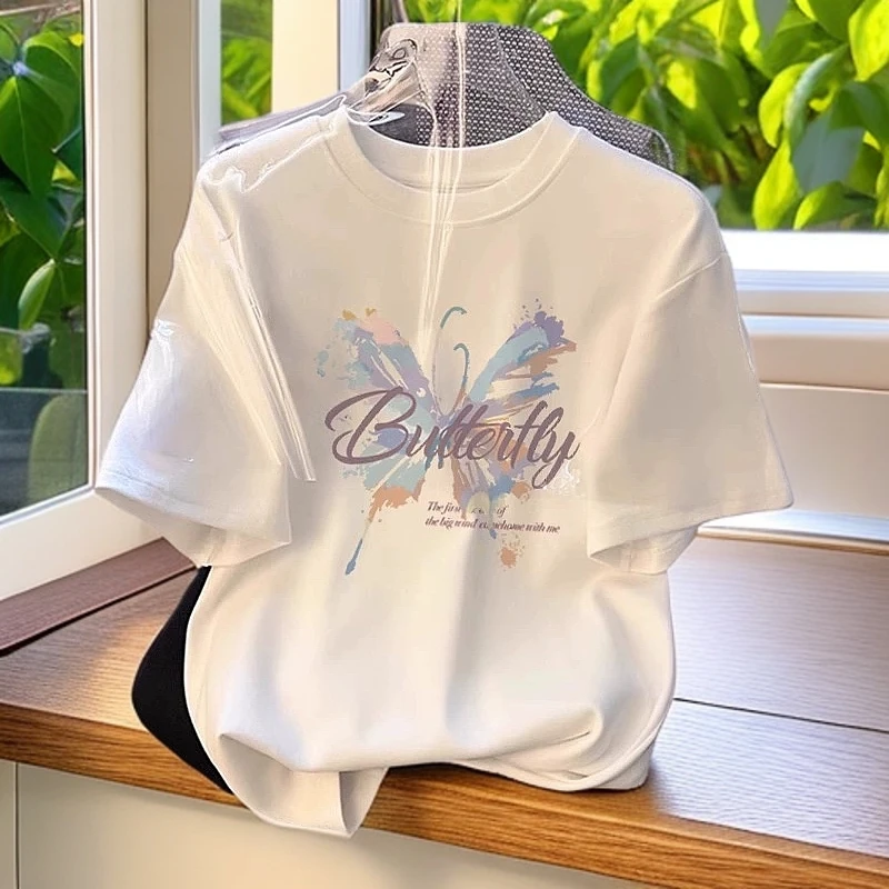 蝴蝶短袖白色t恤女装2025夏季洋气减龄宽松新款纯棉半袖上衣体恤