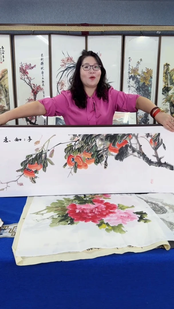 国画实木装裱47*163 柿子