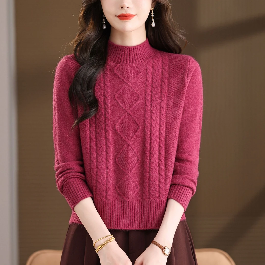 【羊毛衫】冬季保暖半高领长袖洋气宽松厚款针织毛衣套头女毛针织衫