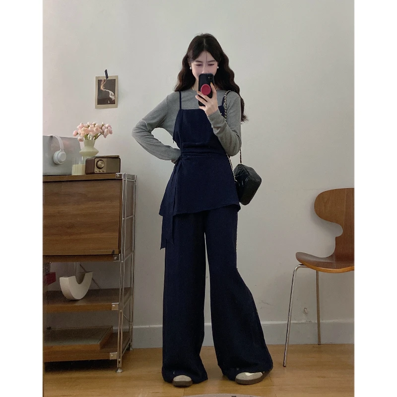 大码2025秋季新款胖mm时尚绑带上衣吊带高腰显瘦阔腿裤洋气套装