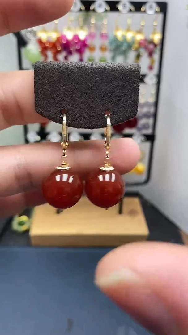 南红玛瑙银S925镀金镶嵌耳饰尺寸16mm耳扣66