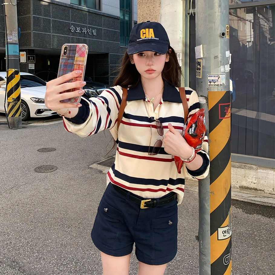 韩系撞色条纹POLO领长袖T恤女秋季宽松慵懒风设计感轻熟简约上衣