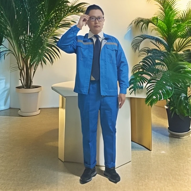 天蓝涤棉工装 反光条+多口袋 侧缝包边全加固 华联拉链耐磨工作服