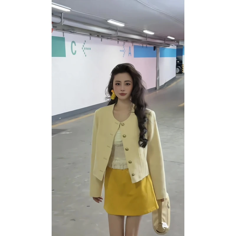 小香风外套小个子韩系高级感质感高腰短裙复古系腰带橘黄色半身裙