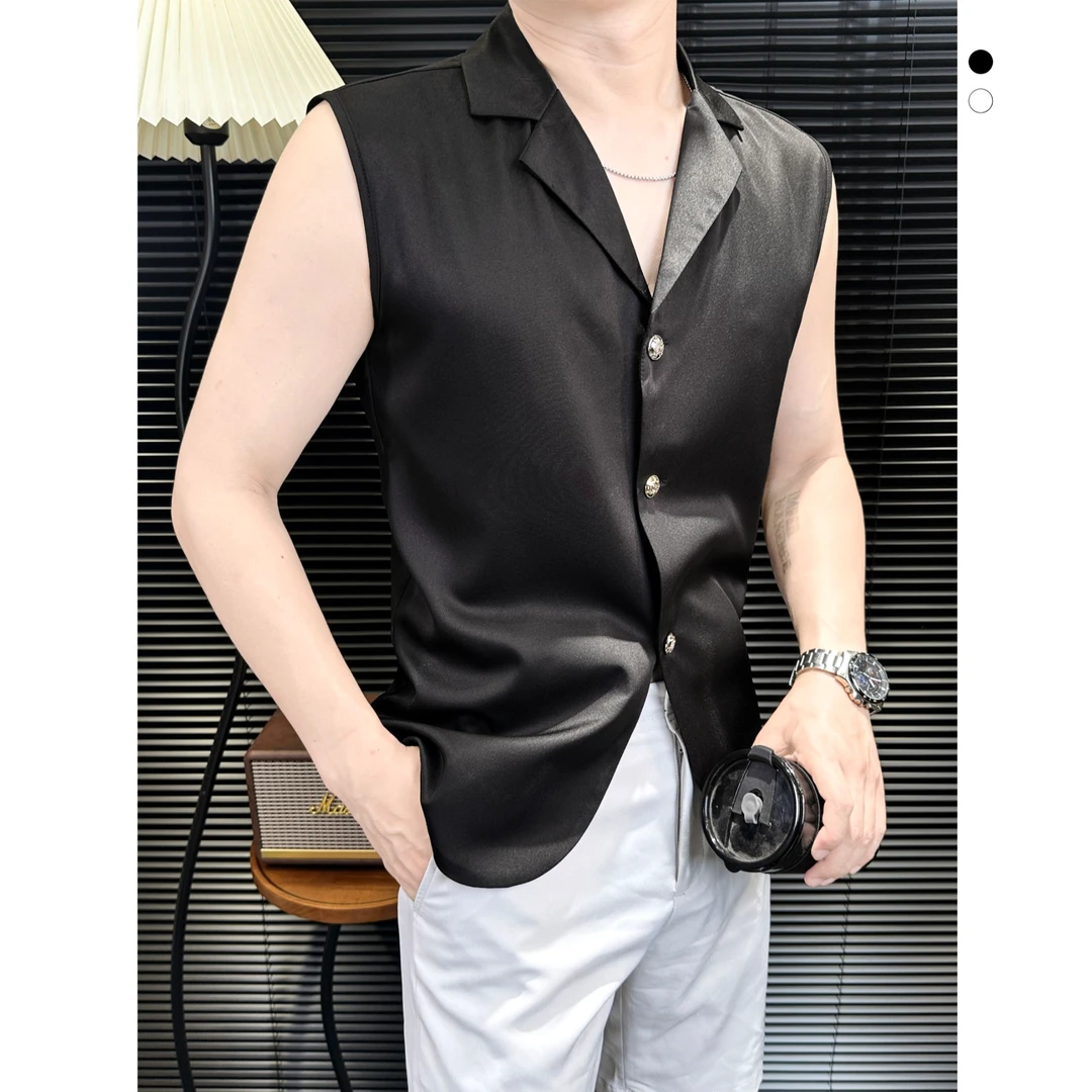 夏日裸感西装马甲男气场强大高级感男装薄款新款无袖t恤男士背心