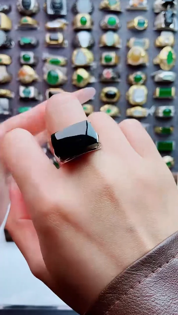 银S925镶嵌戒指翡翠天然翡翠男戒