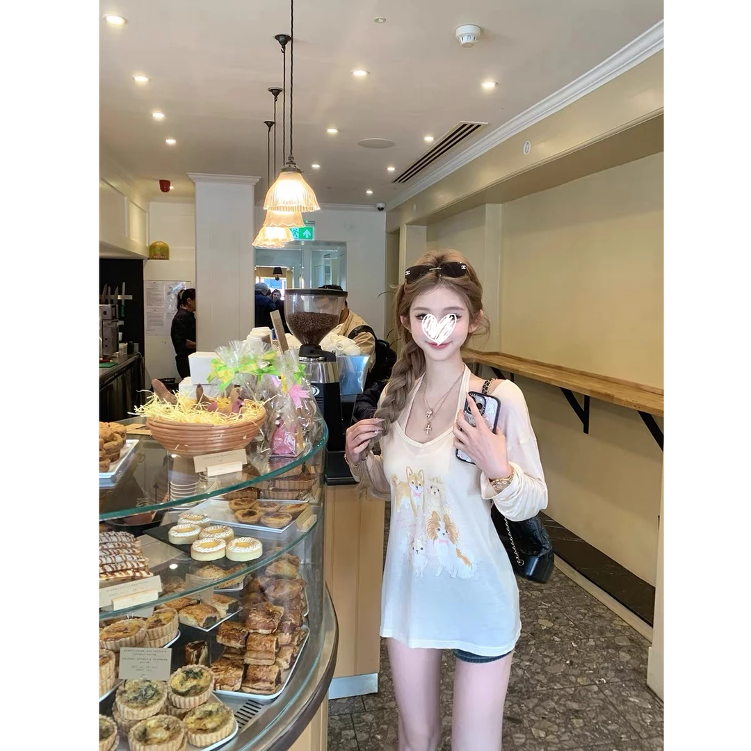 夏季萌感勾勾小狗印花T恤V领防晒罩衫内搭挂脖吊带两件套