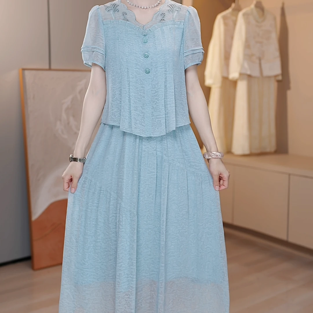 裙角秀/A248#假两件宽松腰套头拼接中长裙连衣裙夏装减龄名媛优雅