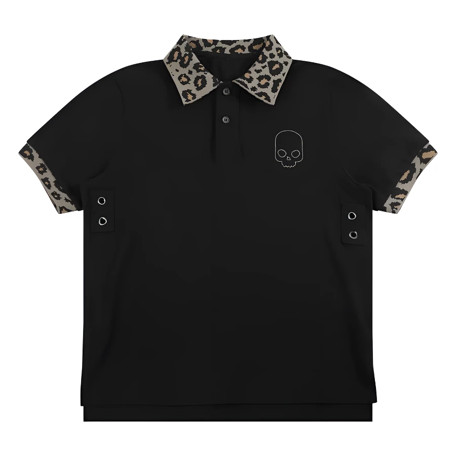 no E mosen 定制豹纹翻领米粒骷髅刺绣正肩合身polo短袖 NE3452