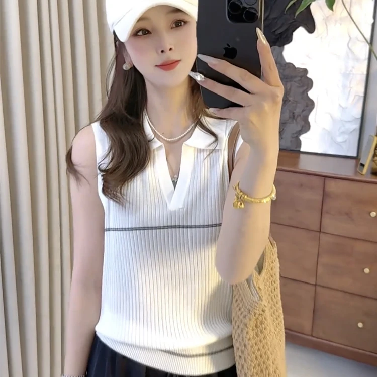 半开领条纹无袖针织衫背心女2025夏季新款高级感POLO领短上衣