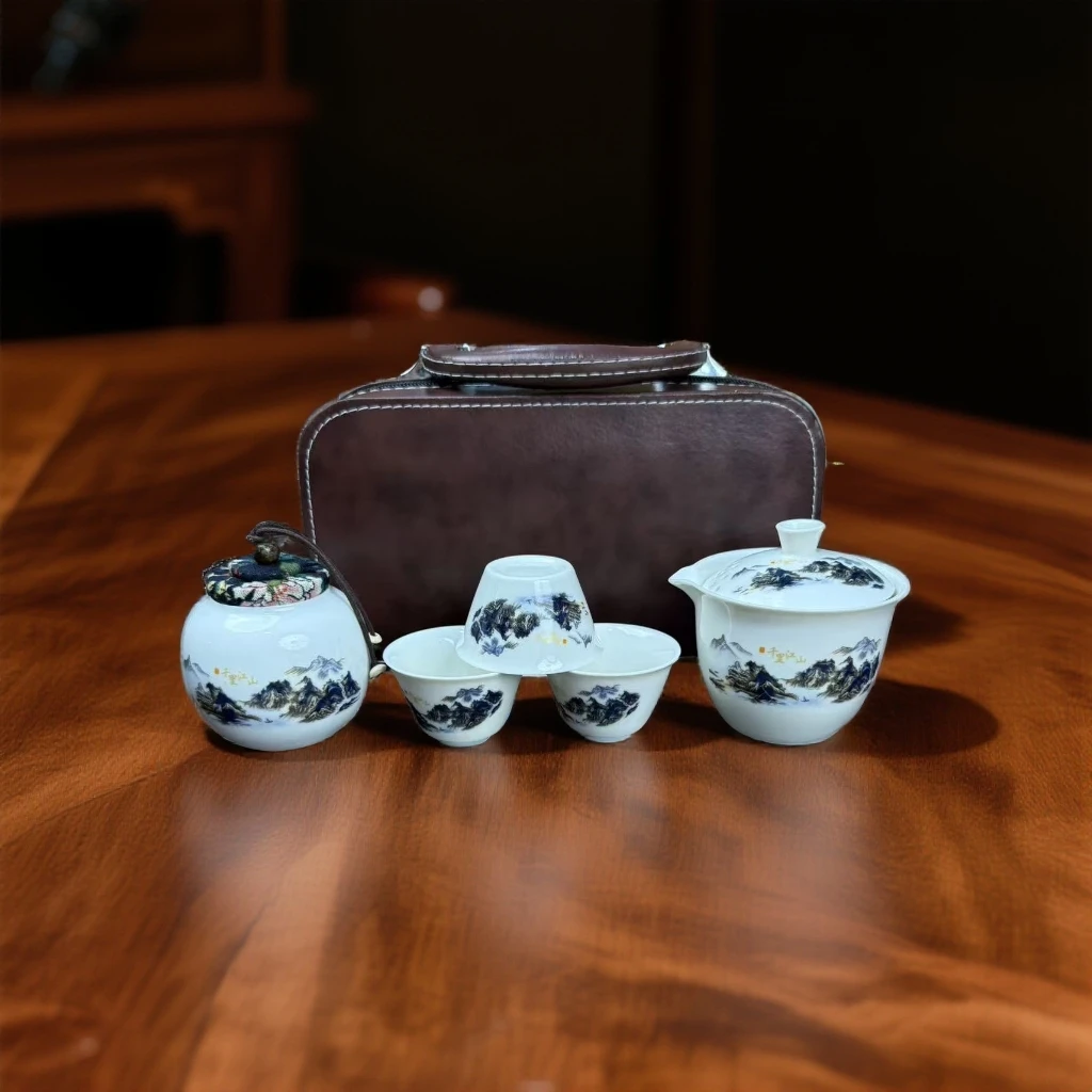 旅行茶具千里江山一壶三杯+茶罐+皮箱