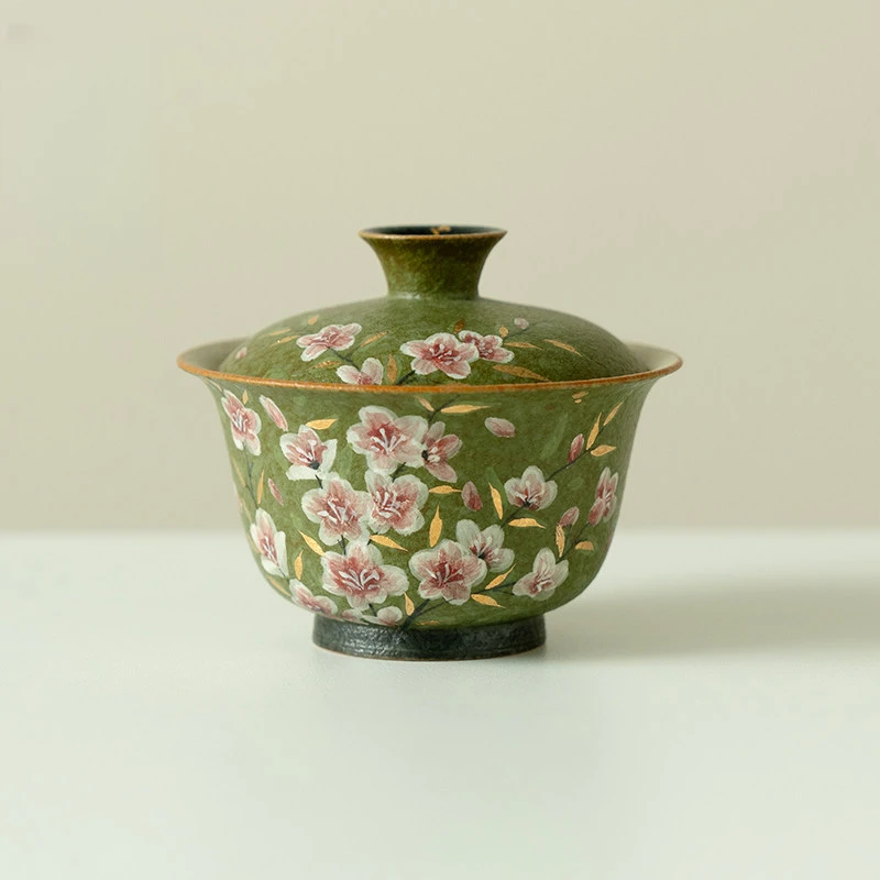 颜瓷 小清新青橘手绘梅花二才盖碗焖泡碗女士精致家用陶瓷盖碗