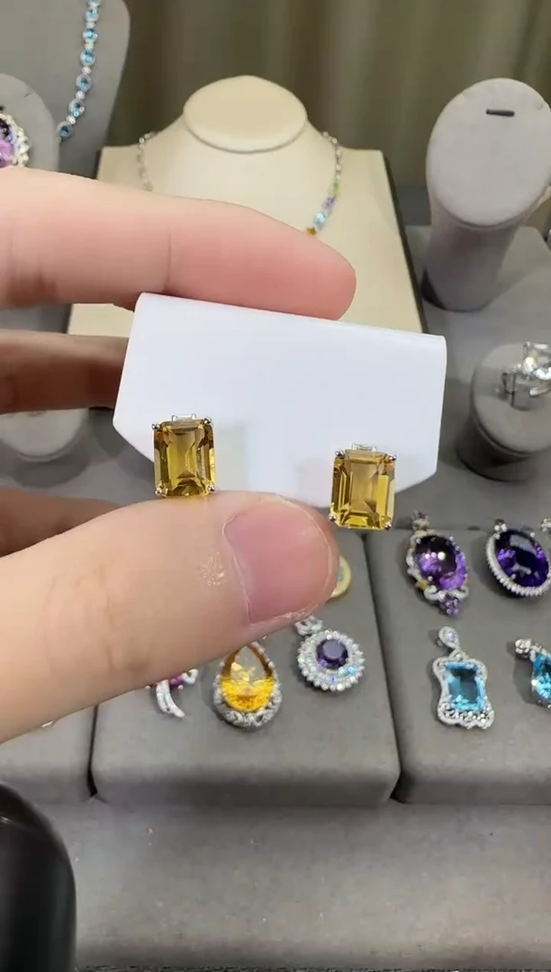 银S925镶嵌耳饰黄晶10*8mm耳钉简约款