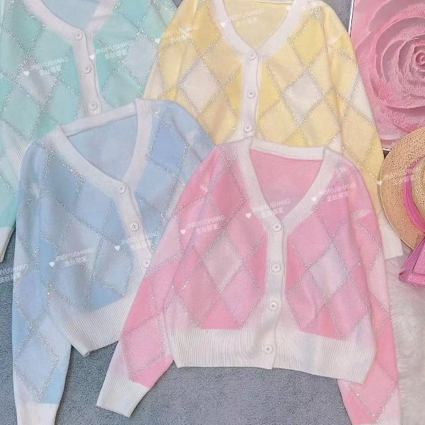 淑雅阁服饰 气质菱格图案圆领针织开衫女装时尚百搭3260