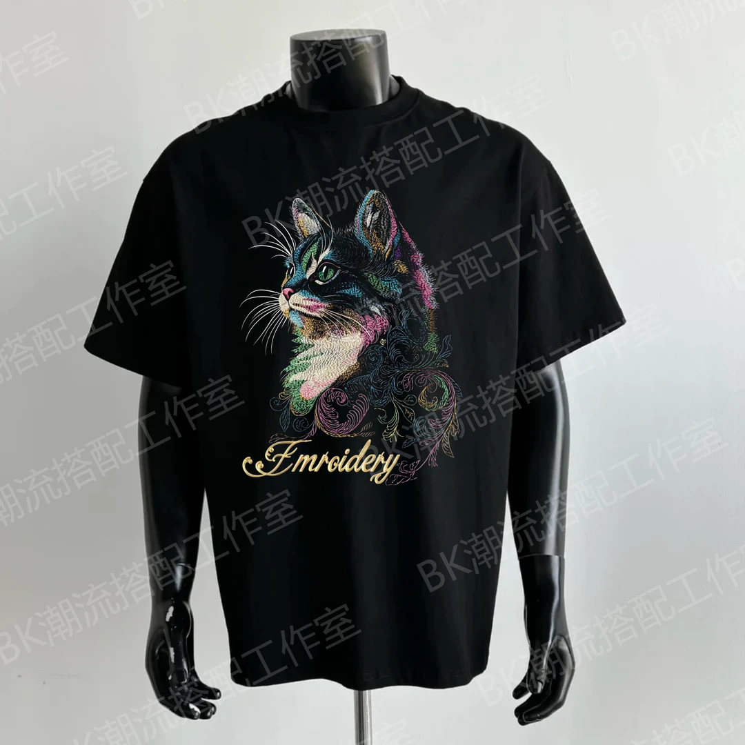 230g美式纯棉重磅T恤美式印花仿刺绣图案短袖夏季圆宽松领半袖T恤