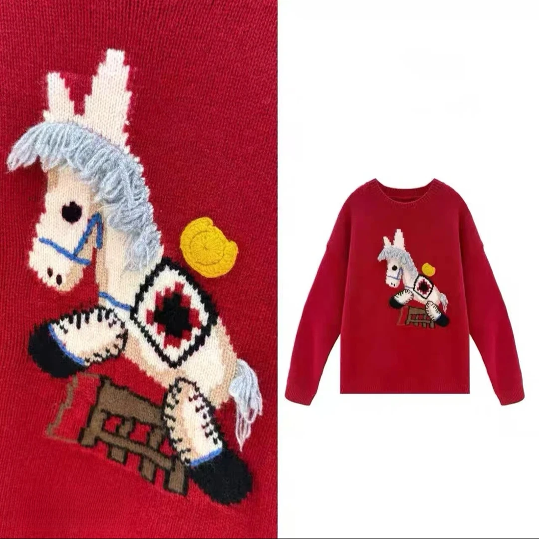 新款【马上有钱】趣味新年红手工刺绣圆领针织毛衣宽松型-88127