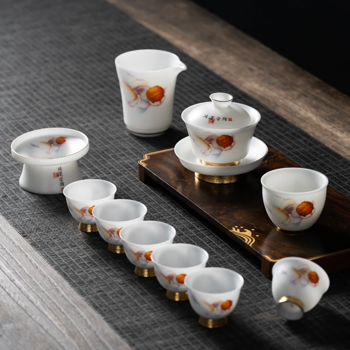 轻奢白瓷盖碗套装高端冰种家用功夫茶杯礼盒荏仟堂德化白瓷茶具