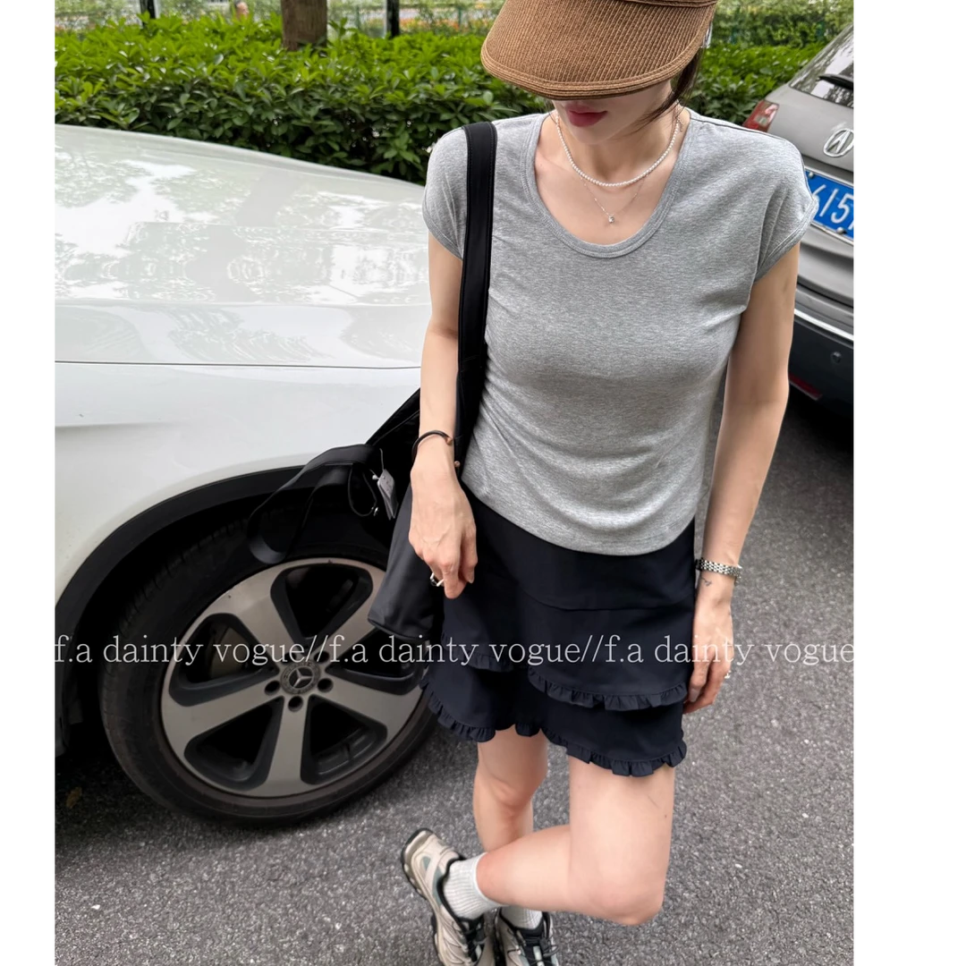 F.A[尤物]薄款U领正肩短袖T恤女修身显瘦百搭短款自然松弛感打底