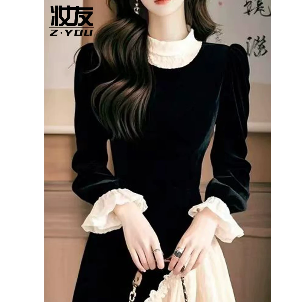 法式轻奢高级感黑色金丝绒连衣裙女2025春季奢华大牌小黑裙礼服裙