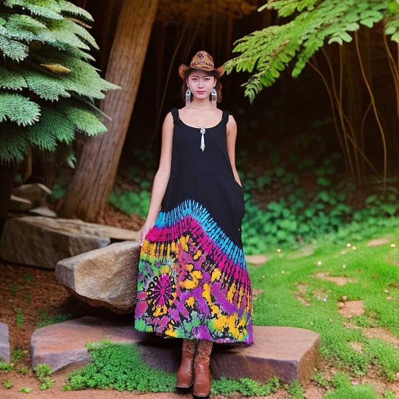 手工扎染长款东南亚风印花夏季文艺复古显瘦圆领无袖连衣裙