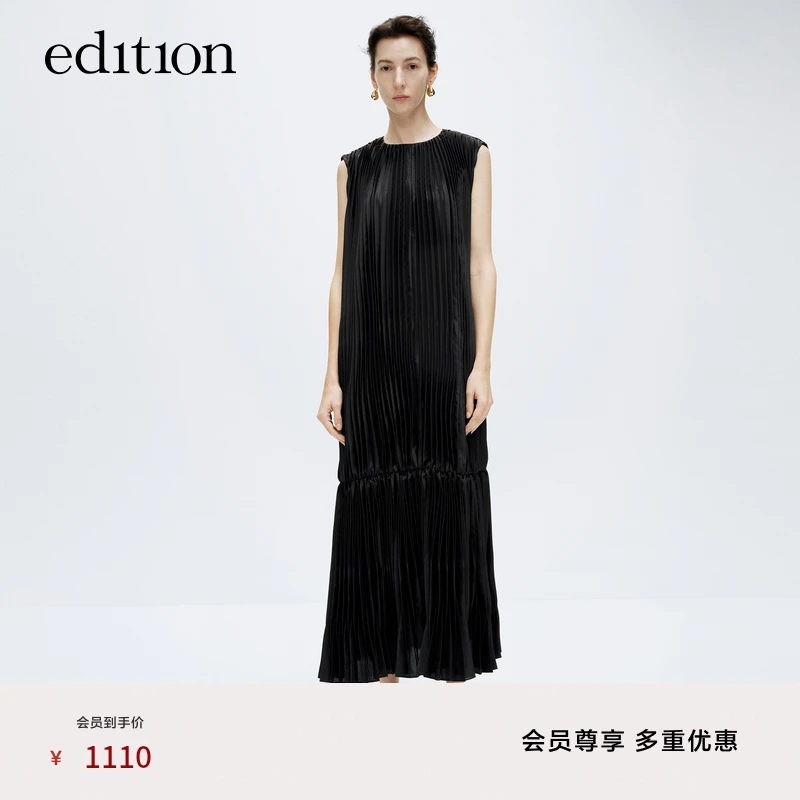 edition2024春新款连衣裙女黑色压褶无袖气质拼接长裙#EBD1DRST15