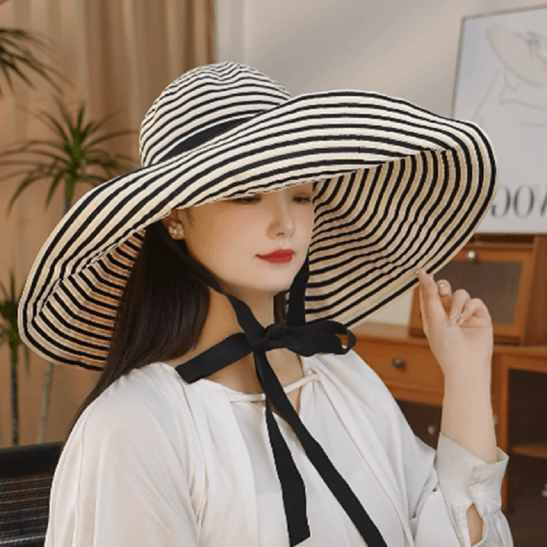 夏季伞式遮阳大帽檐条纹遮阳渔夫帽子女海边度假可折叠太阳帽