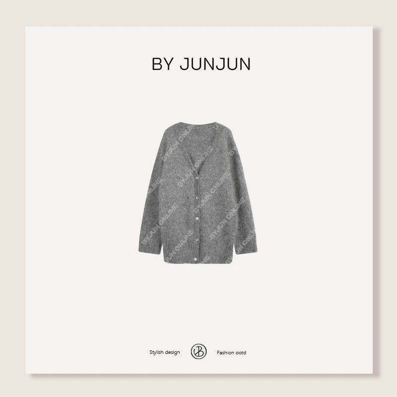 BYJUNJUN小众设计师 2025秋冬新品韩系高级感慵懒风马海毛V领开衫