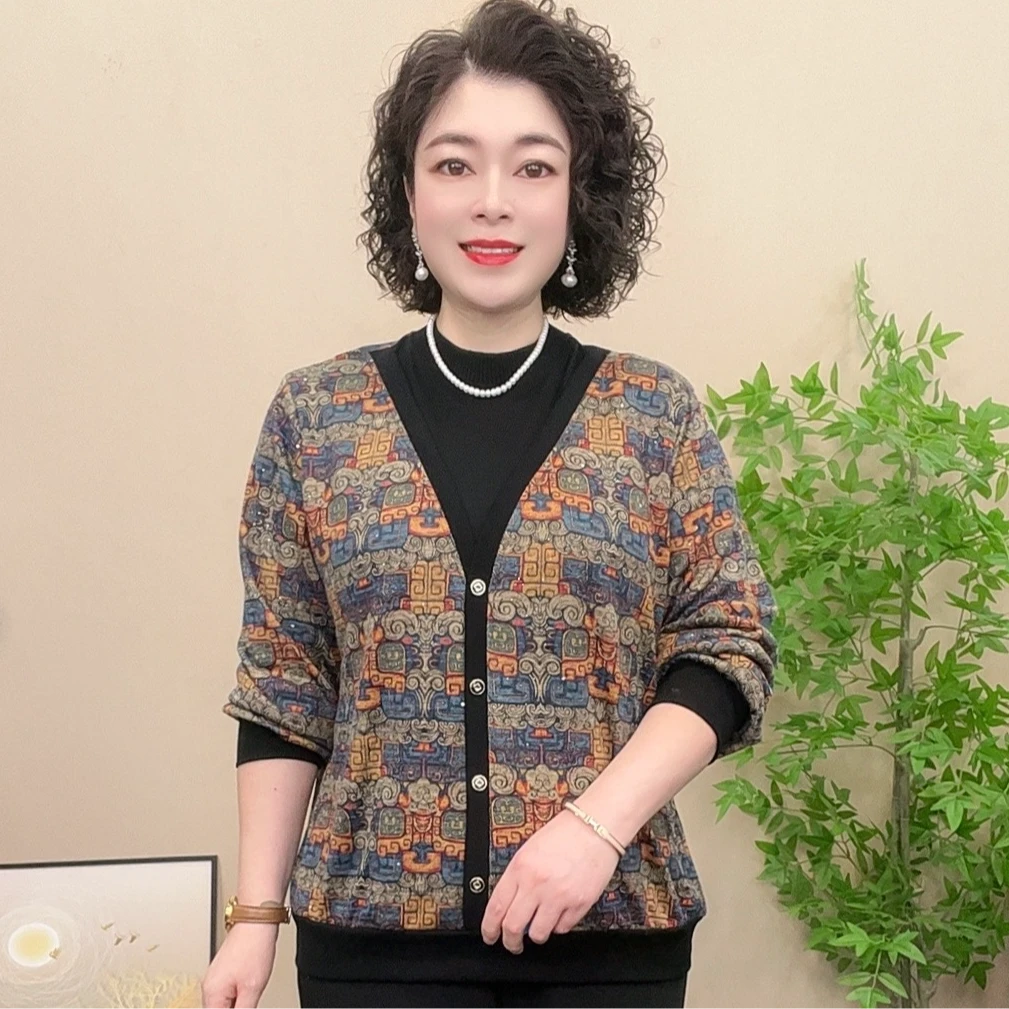 长袖秋季妈妈装圆领宽松显瘦百搭洋气时尚假两件中老年女装小衫