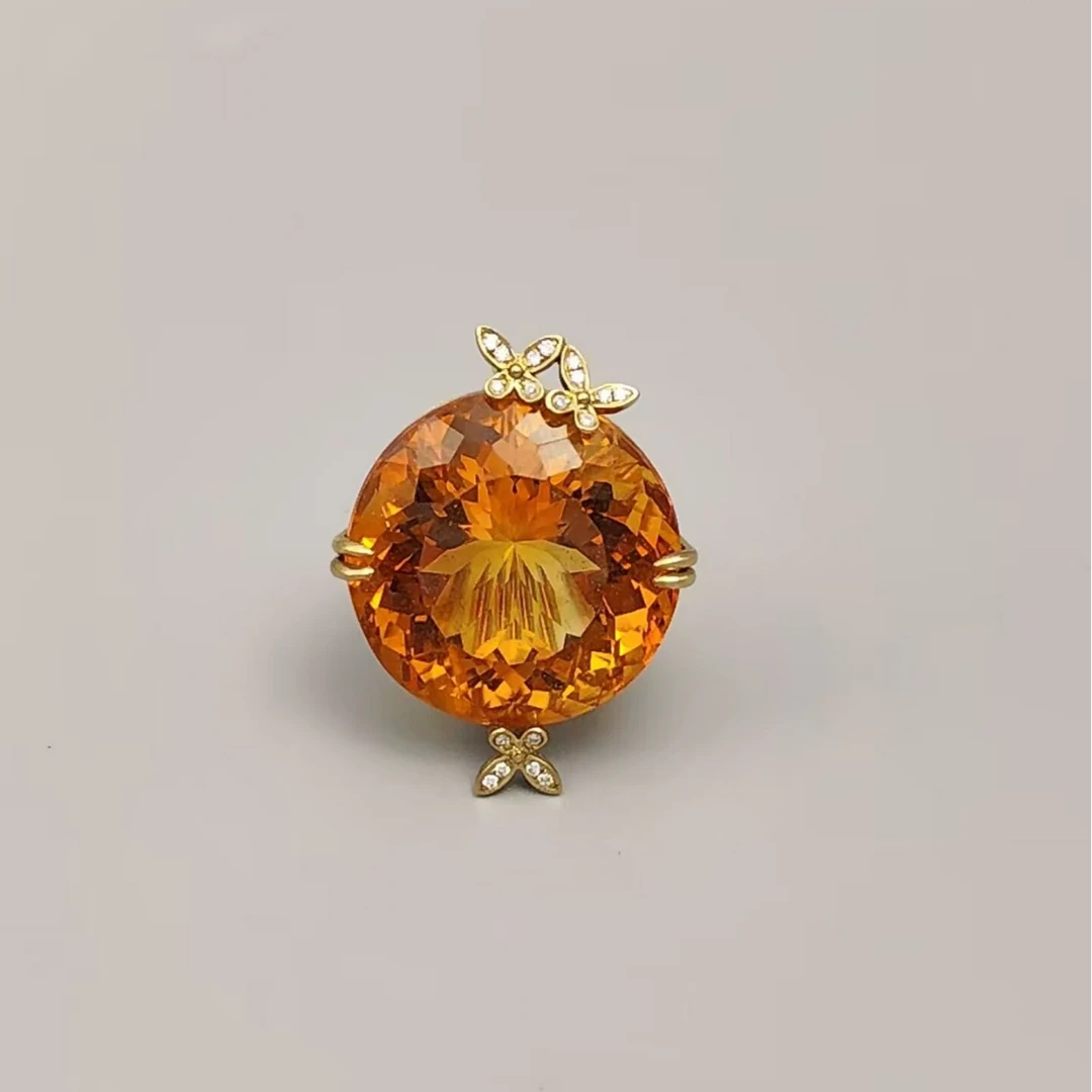 天然黄水晶9K金镶嵌南非钻石设计款胸针