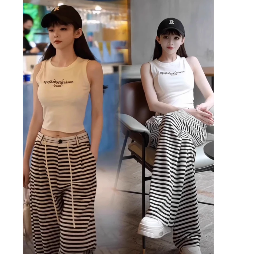 套装女2025新款爆款洋气网红炸街女装休闲运动吊带背心条纹阔腿裤