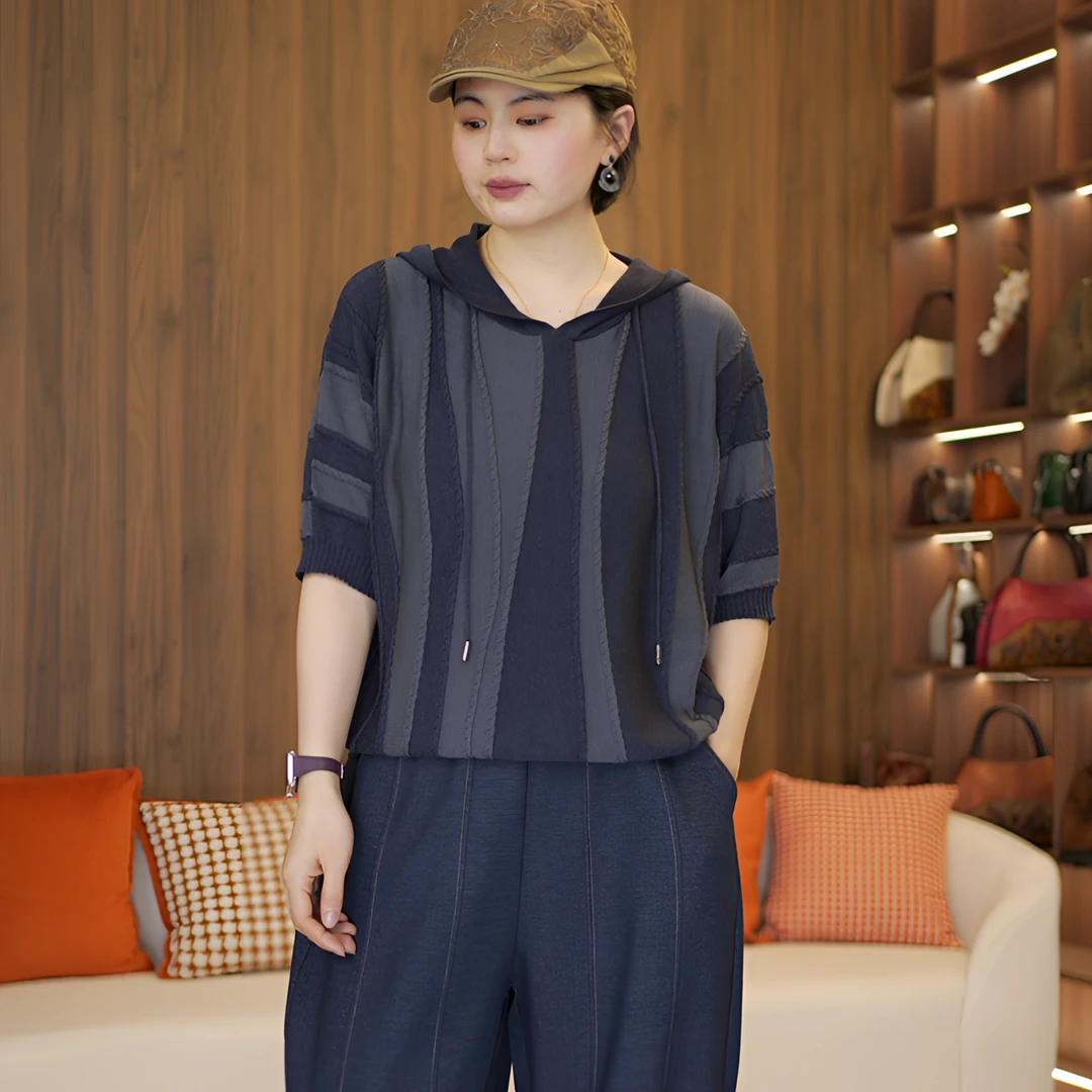 2025春秋新款休闲宽松显瘦条纹套头上衣小衫女短袖冰丝连帽针织衫