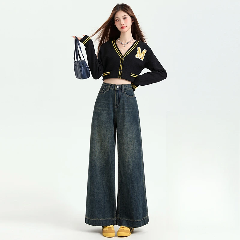 9708#秋冬复古蓝高腰阔腿牛仔裤女冬季宽松垂感休闲直筒裤时尚