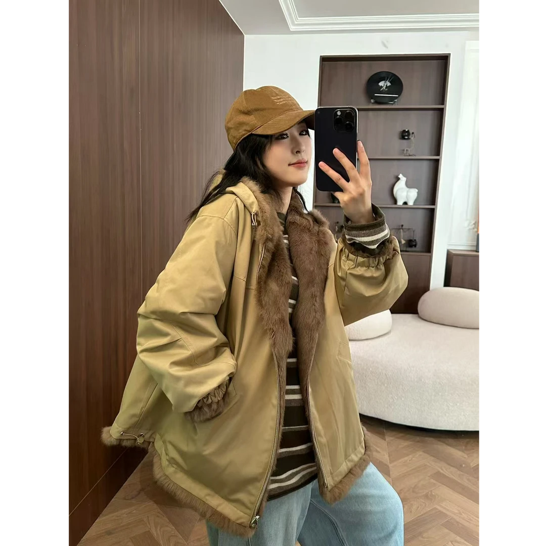 JIANG JIANG·25冬季新款两面穿兔毛一体派克服连帽宽松小个子外套