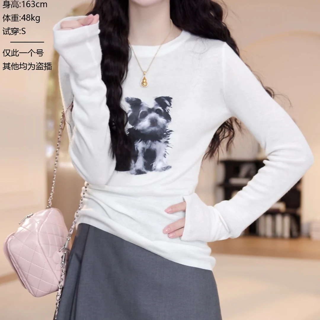 2025春季新款显瘦圆领百搭小狗长袖上衣T恤LK2501431