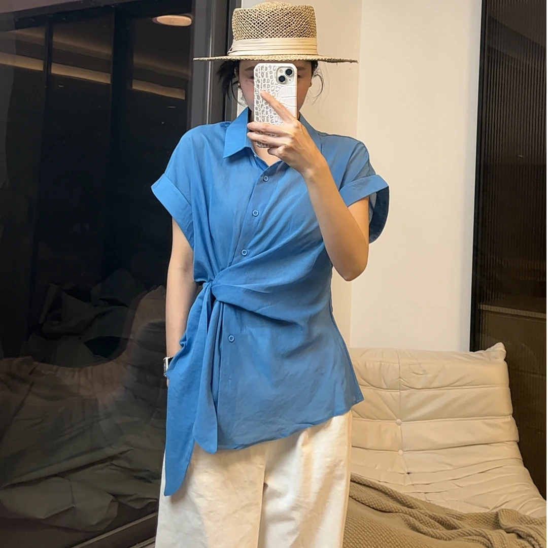 韩版夏季2025年新款卷边设计短袖圆领单排扣侧绑带设计衬衫