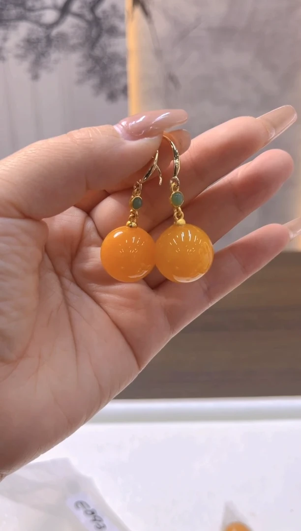 蜜蜡14K金镶嵌耳饰E893