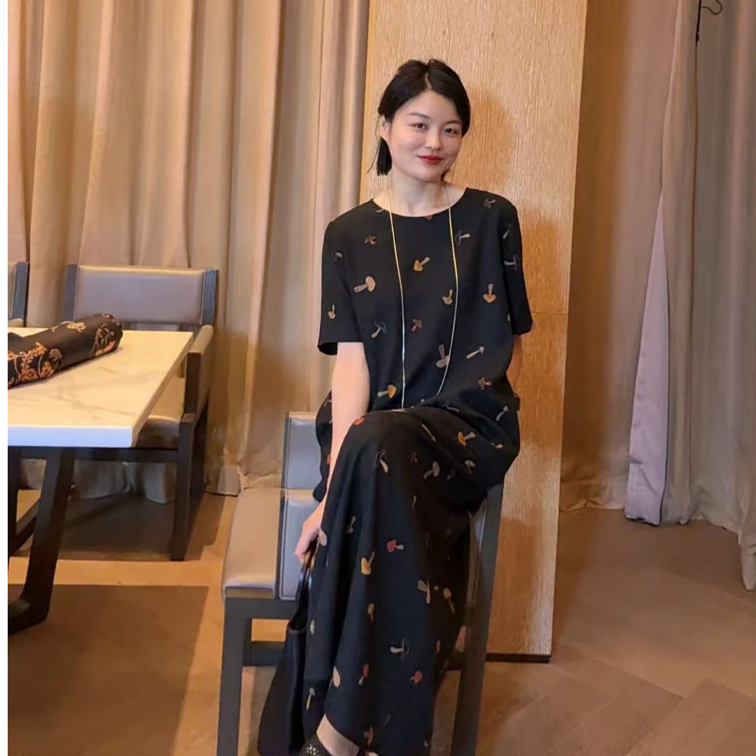 TANTAN  真丝香云纱 蘑菇印花短袖连衣裙2161