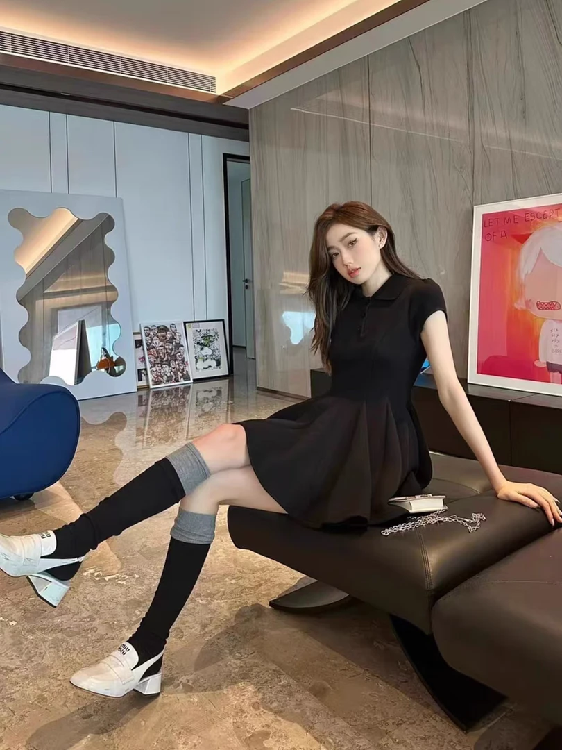 欧洲站工厂店雪糕定制 "蓬蓬裙"~显瘦小能手 polo领收腰连衣裙子